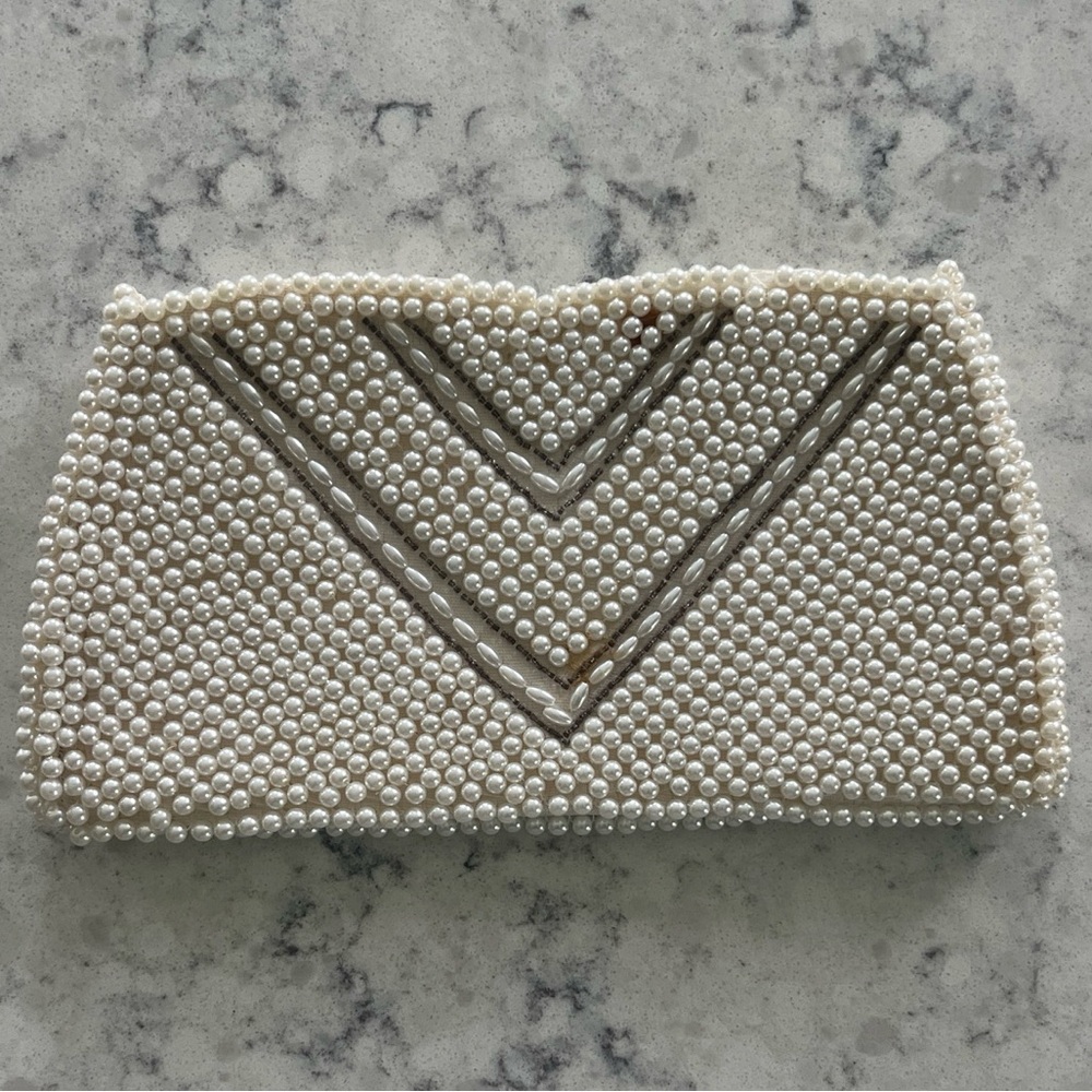 RARE‎ Vintage Pearl Beaded Clutch W/ Silver Arrows Handmade In Japan Great Cond